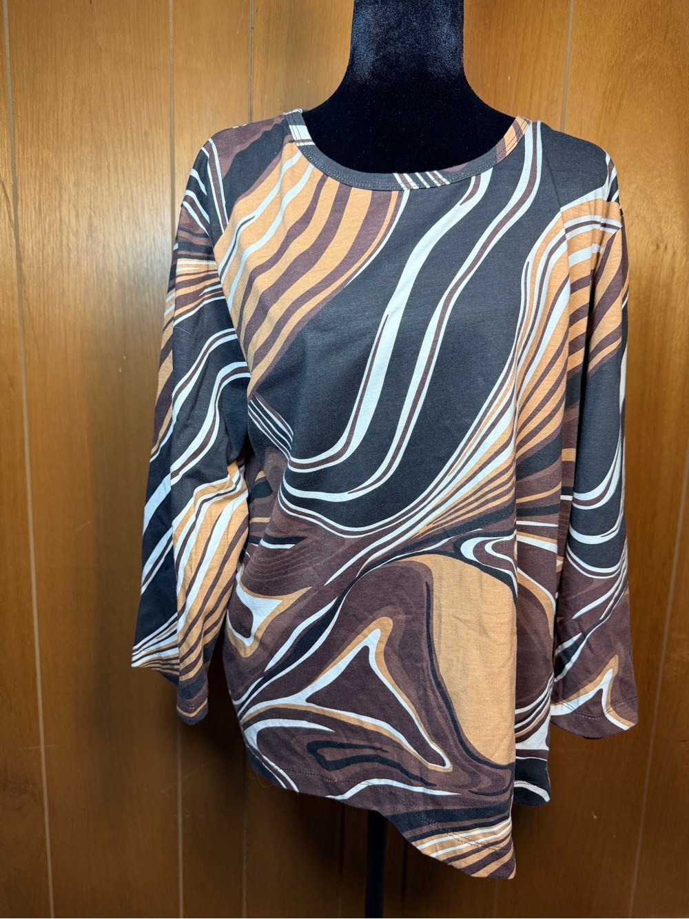 Sara Morgan Abstract Marble Swirl Knit Top Brown Tan Gray Size L